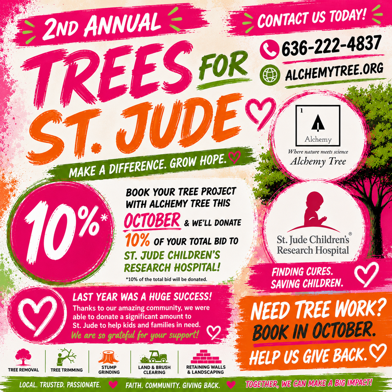 2nd Annual Trees for St. Jude. Book your tree project with Alchemy Tree in October and we'll donate 10% of your total bid to St. Jude Children's Research Hospital. Call 636-222-4837.